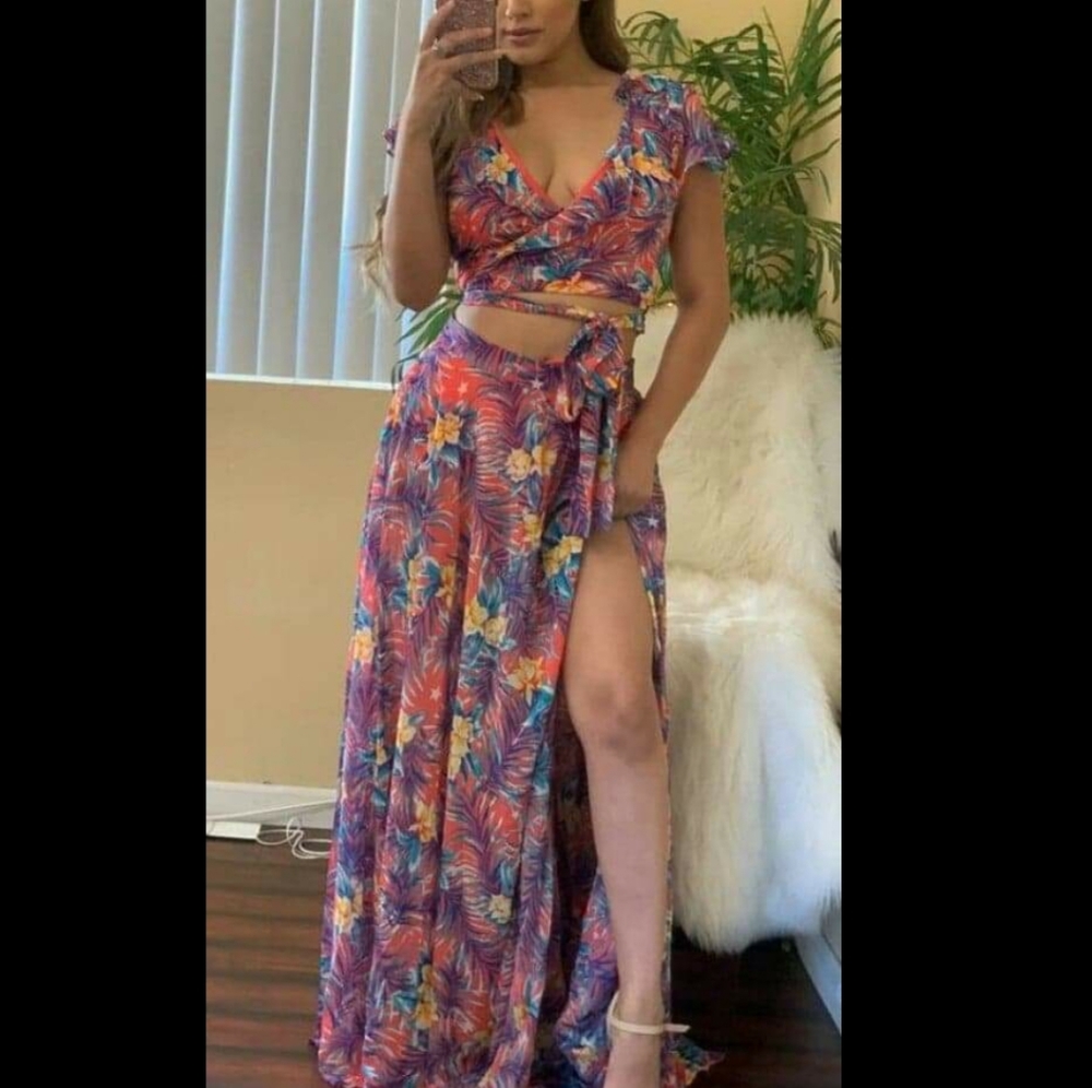 2pc tropical floral high slit maxi set